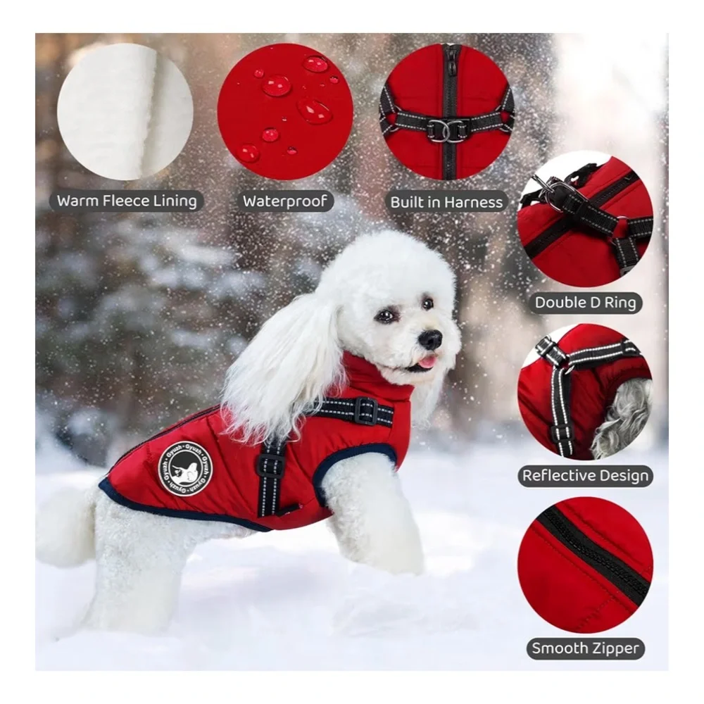 New Gyuch Winter Red Dog jacket with harness winter waterproof size small - Picture 2 of 12
